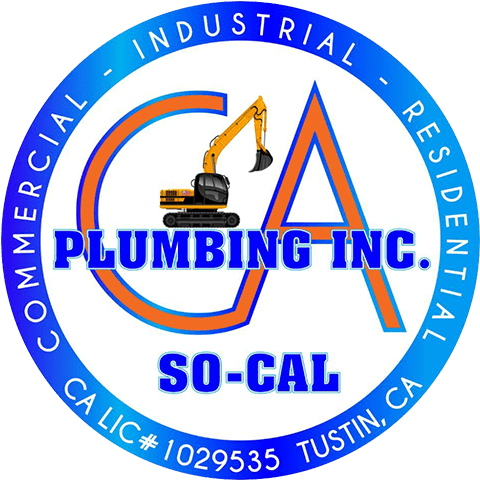 CA-plumbing-logo-WEB-1 Logo for CA Plumbing Inc. featuring a construction excavator and text highlighting services for commercial, industrial, and residential sectors in So-Cal. License number 1029535, Tustin, CA.