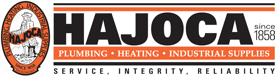 Logo for Hajoca Corporation featuring the text "Plumbing, Heating, Industrial Supplies," alongside the words "Service, Integrity, Reliability." Includes "Since 1858" and a circular emblem.
